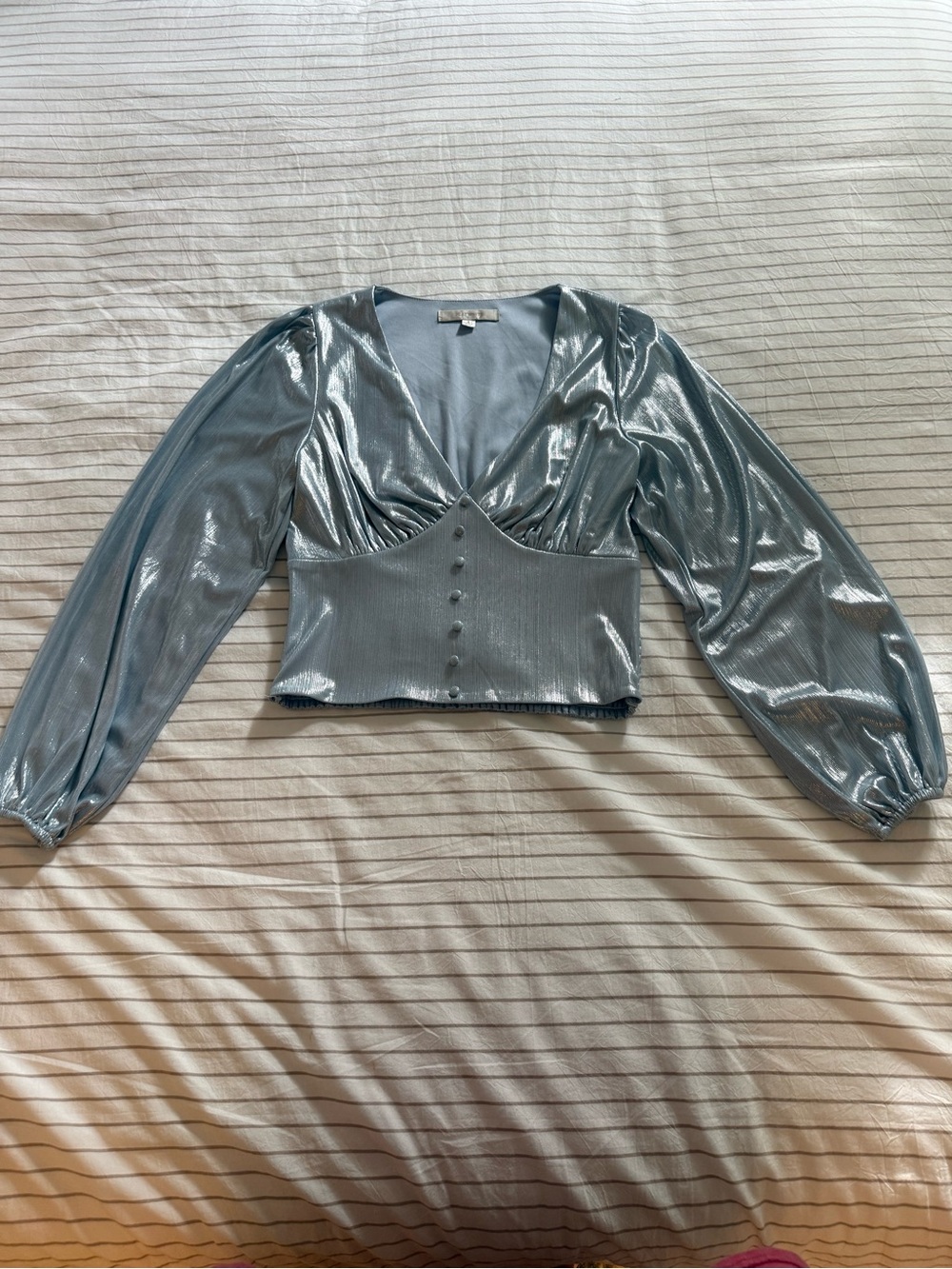 Metallic Light Blue V-Neck Button-Front Crop Blouse